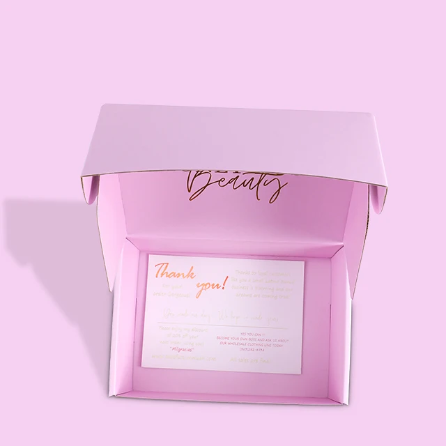 Pink Gift Box Package Customized Logo Printed Shipping Mailer Box Corrugated Gold Foil Stamping details