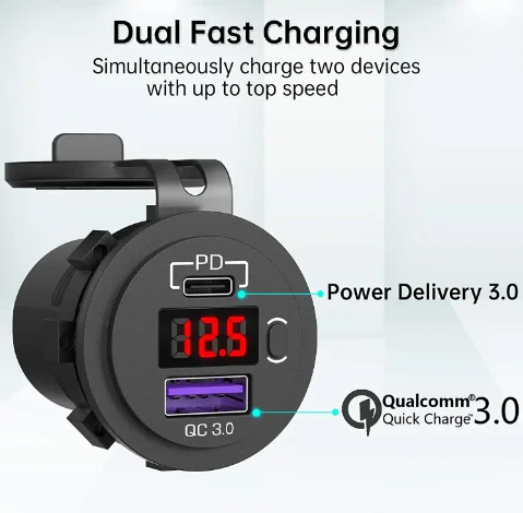 12V USB C Car Charger Socket 48W PD Type C QC 3.0 Car Charger Type C Port Socket Voltmeter with ON/Off Switch Waterproof