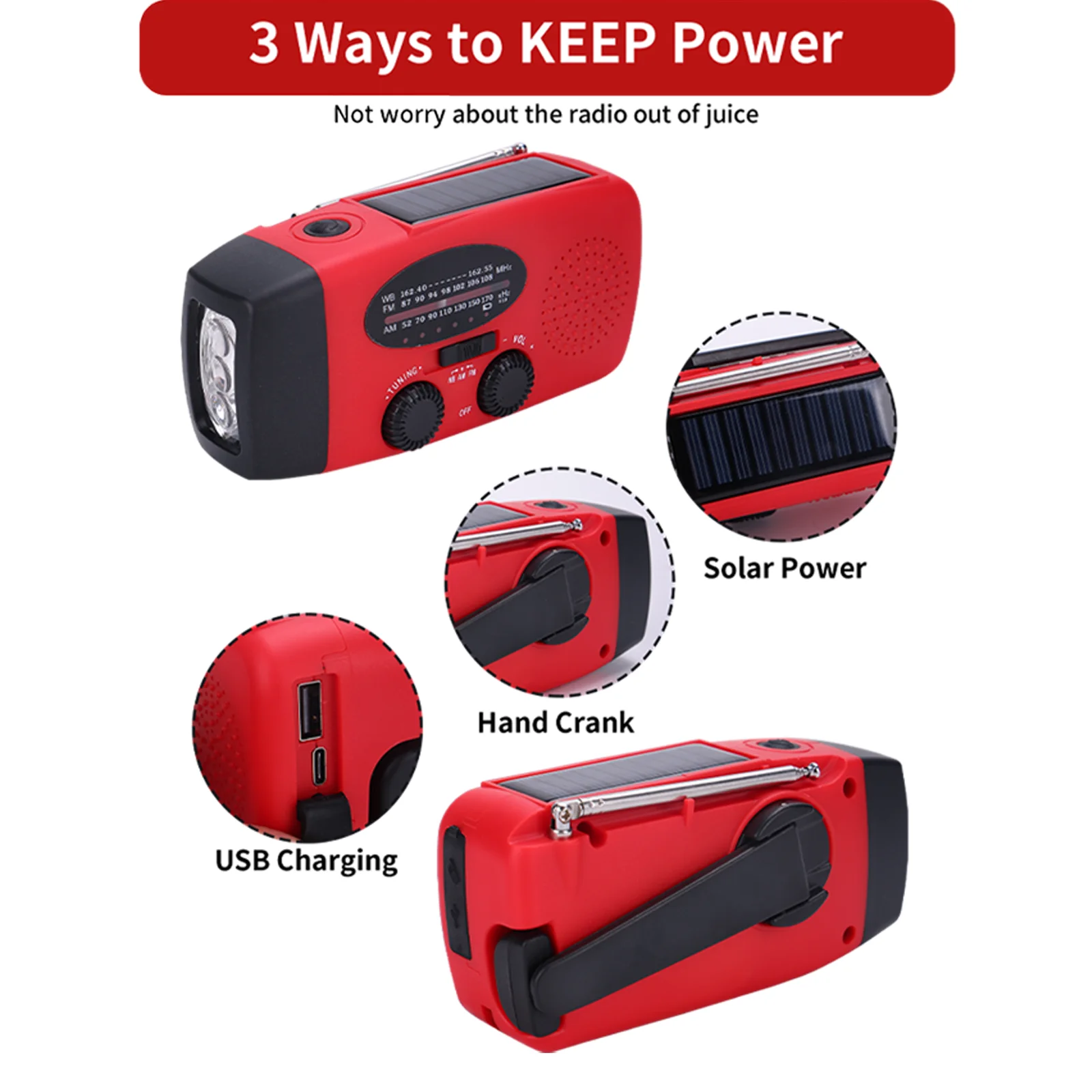 Solar Hand Crank & USB Powered AM/FM NOAA Weather Radio with LED Flashlight Emergency Power Bank (>5000mAh) ABS Material