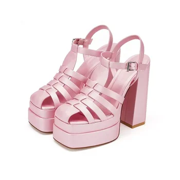 Wholesale  style pink Ladies fashion high Block Heels Women Sandals Summer woman sandal