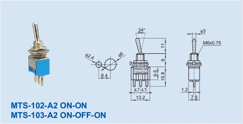 MTS-102 3 Pin 2 Way Одиночная микро Латунь Мини тумблер