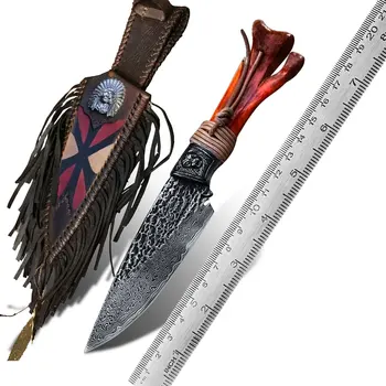 Damascus Steel Fixed Blade Bone Handle Hunting Knives Survival Knife Handmade Wood Custom Size Multi Function Knife