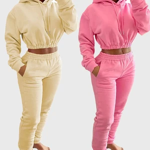 New Activewear Winter Sports Outfit Women Hoodies and Jogging Set 2pcs pink Tights Sweatpants Workout Cloth for Ladies