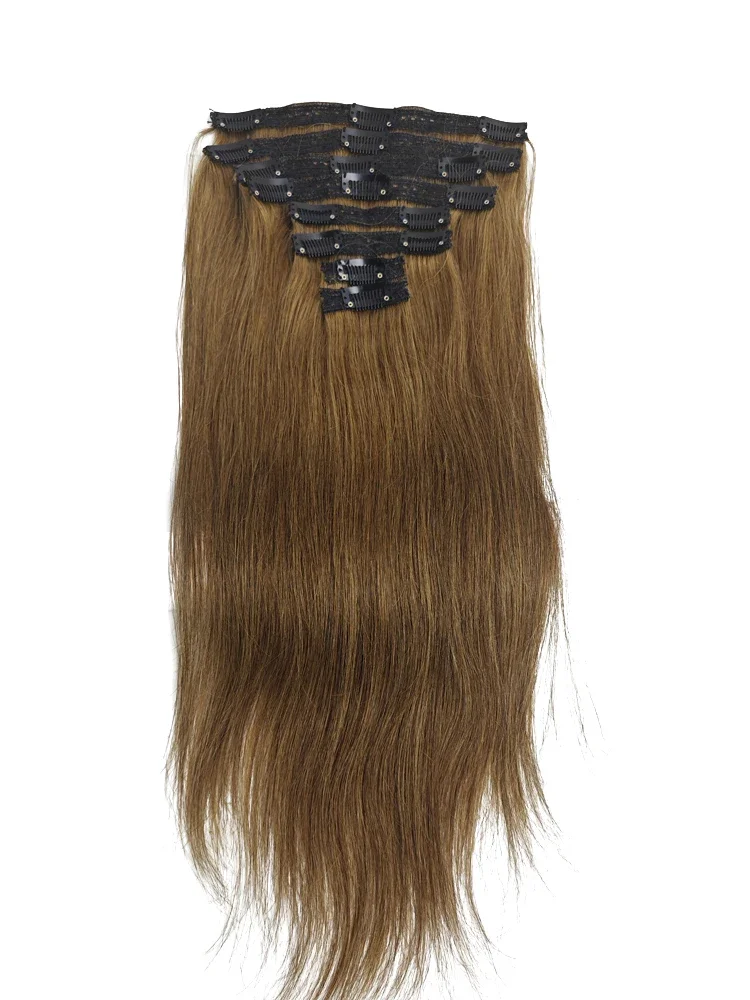Echthaar Clip In Extensions Hellbraun Glatt 8 Teiliges Set_voghion.com