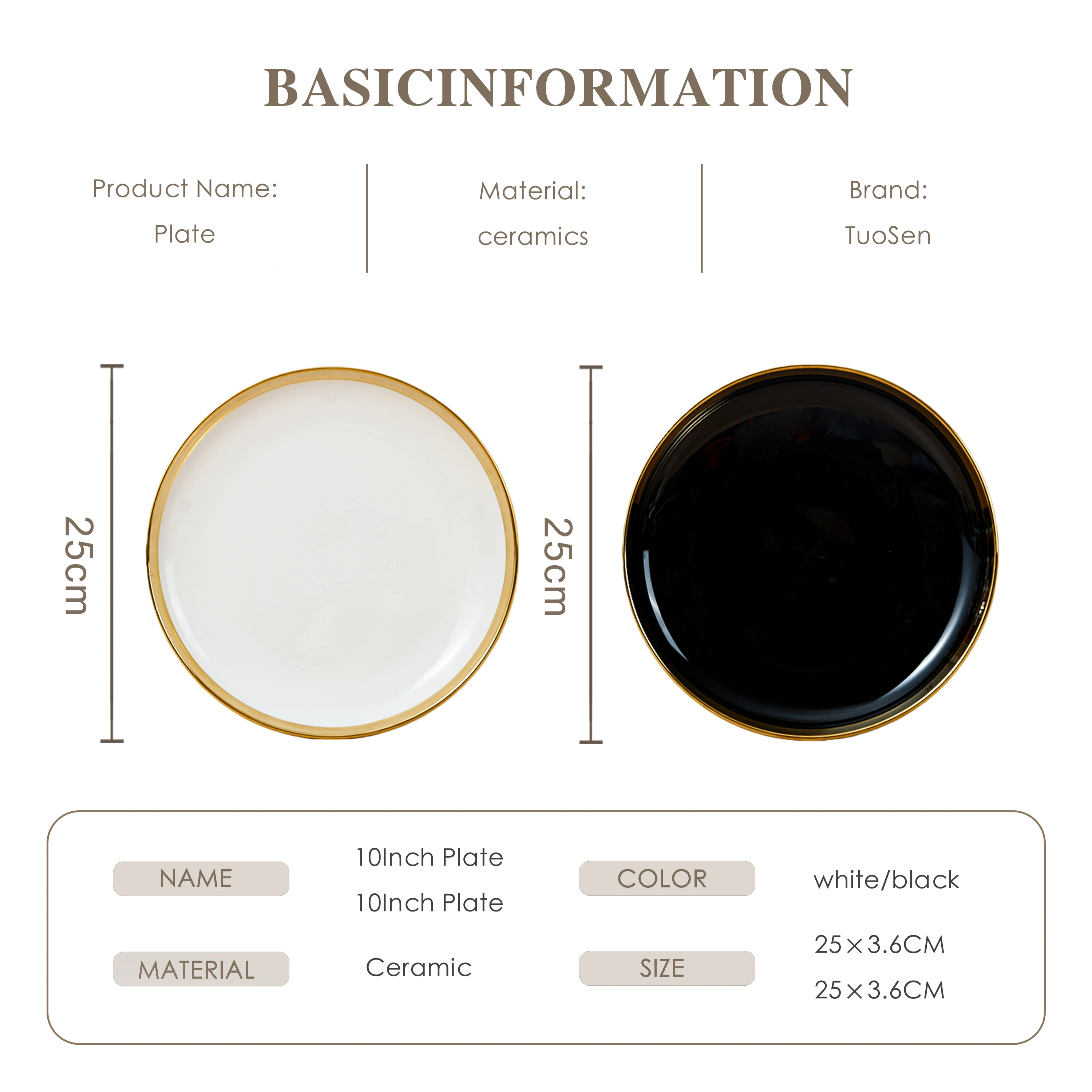 Tuosen moderní trvanlivé keramické jedny bílé barvy s pozlaceným okrajem a individuálním vzorem, vhodné jako talíře na svatbu nebo na pizzu