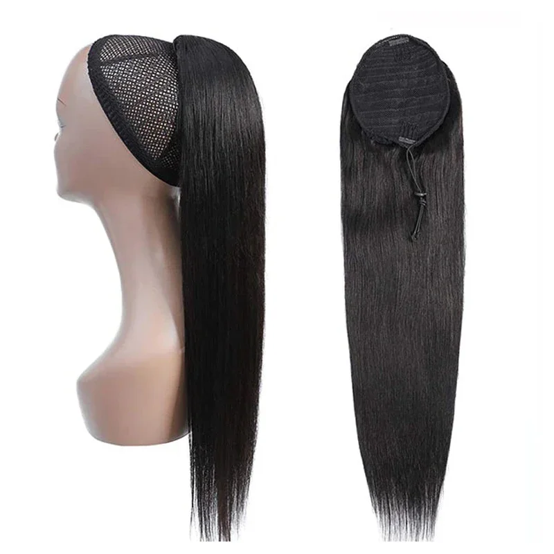 Extensions de queue de cheval droites à clipser en cheveux humains avec cordon de serrage de couleur naturelle pour femmes_voghion.com