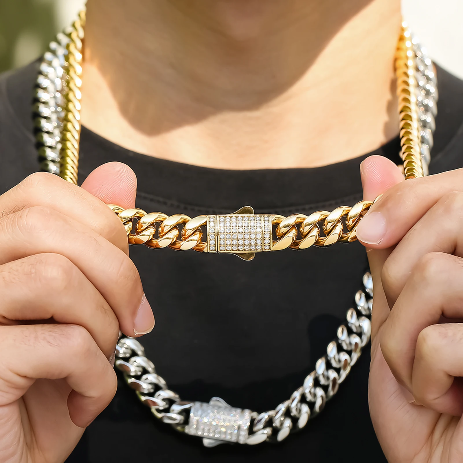 Justin Cronin Collana Catena Cubana Miami Placcata Oro - Con Zirconi,  Lunghezza Regolabile 16/18 Pollici Billie Eilish Necklace, image size:1600x1600