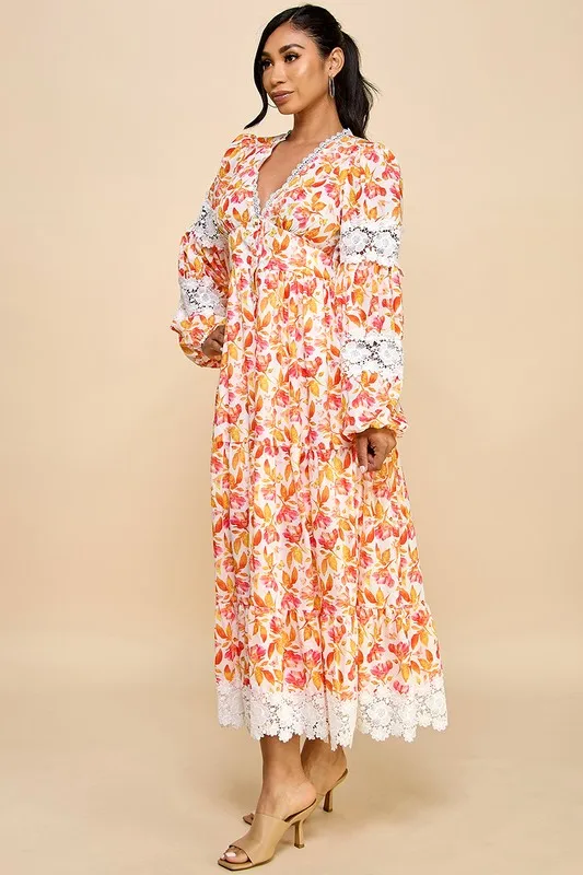 A Long Dress For Women Featuring Vibrant Floral Prints, Cutouts, And Lace Trim. - Image 2