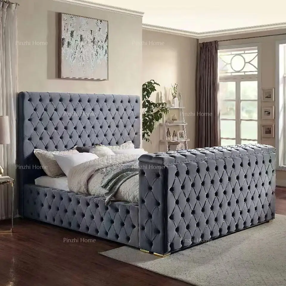 Modern Velvet Fabric Smart Bedroom Set Queen Bed With Tv Footboard