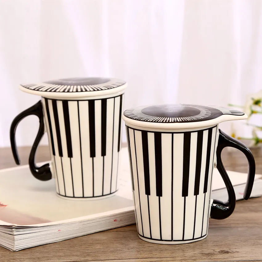Creative Ceramic Music Notes Mark Water Lovers Keyboard Pair Cup Coffee Mug With Lid