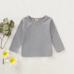 Одежда для новорожденных девочек, однотонная хлопковая футболка в рубчик с длинным рукавом, футболки на весну и осень с круглым вырезом для детей 0-18 месяцев, одежда для маленьких мальчиков