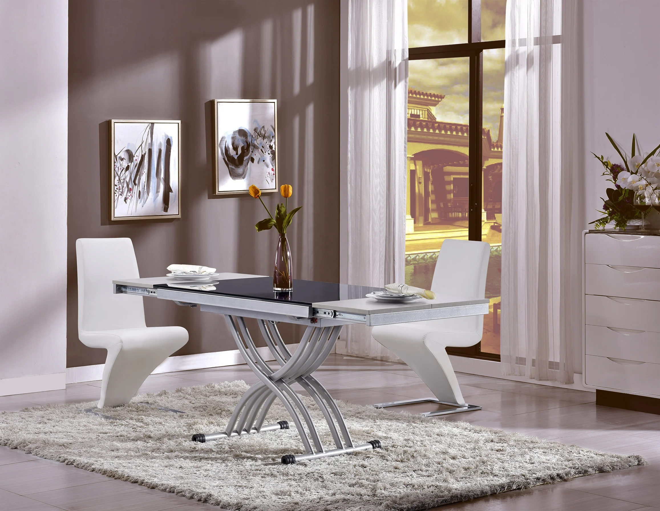 Glass Dining Table Set Coffee Table Convertible Classic Italian Transforming Folding up and Down Dining Room Furniture