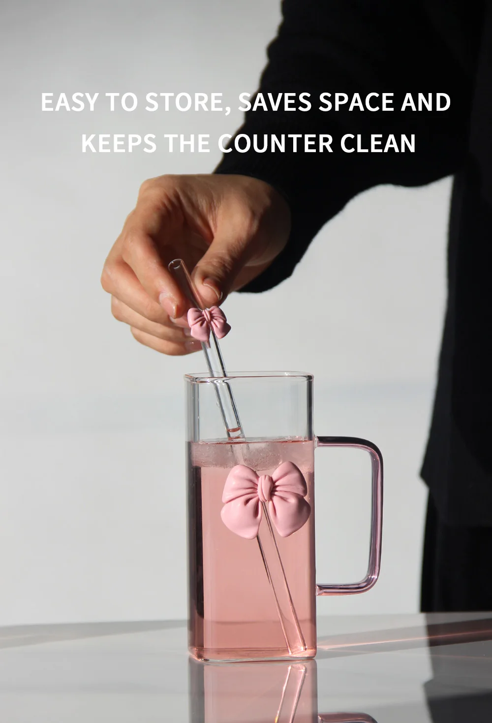 Customized Cute pink Bow square Glass Cups with Lid and Straw Heat ...