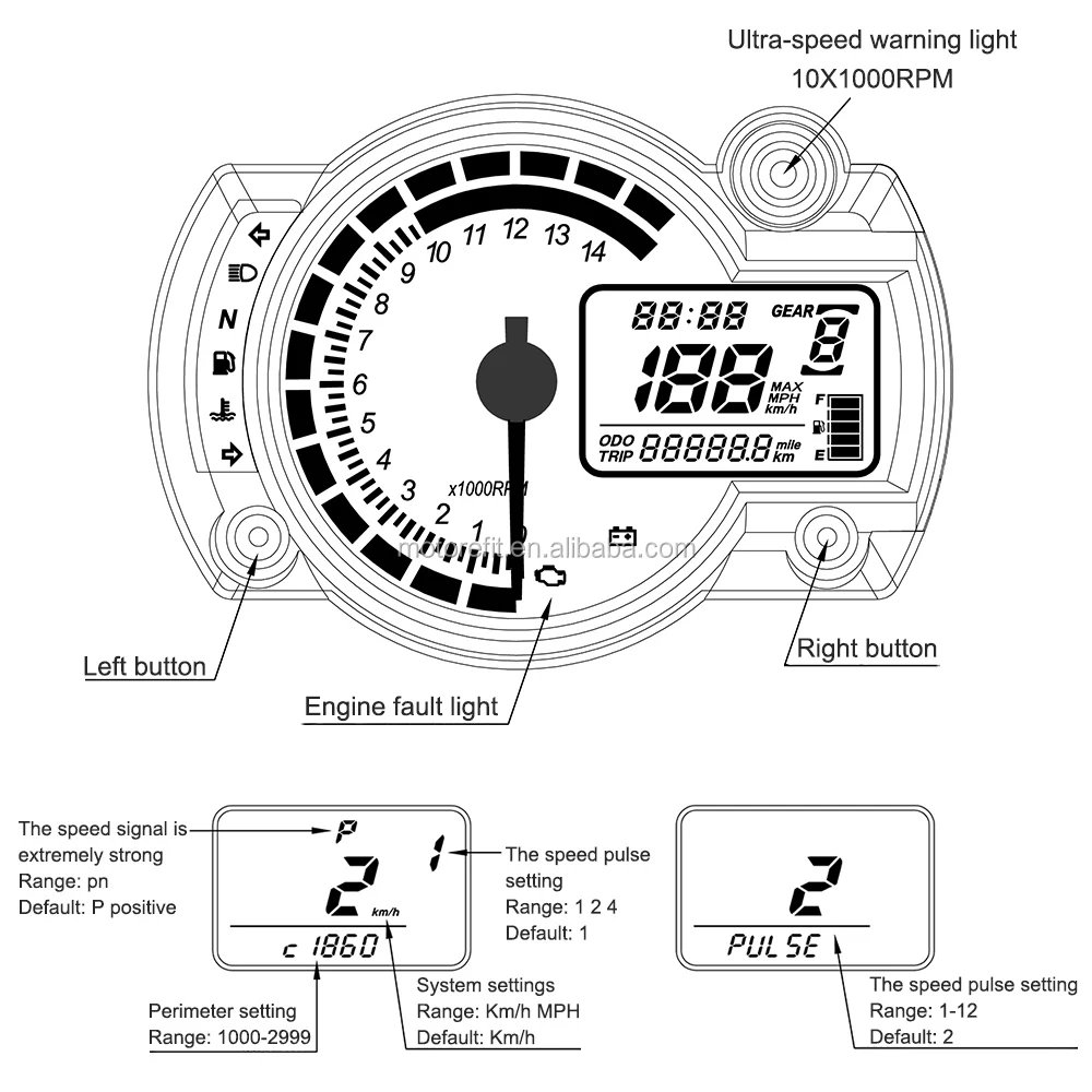 RTS Universal 7 Colors Motorcycle Digital Instrument Speedometer Odometer Adjustable Panel LCD Gauge for RX2N 4 Cylinders