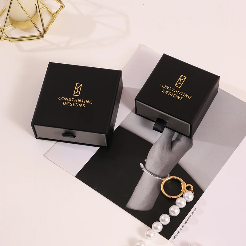 2024 A1 Simple Black Elegant Custom Logo Printed Paper Drawer Jewelry Box Unique Packaging Pendant Stud Ring Earring Gift Box
