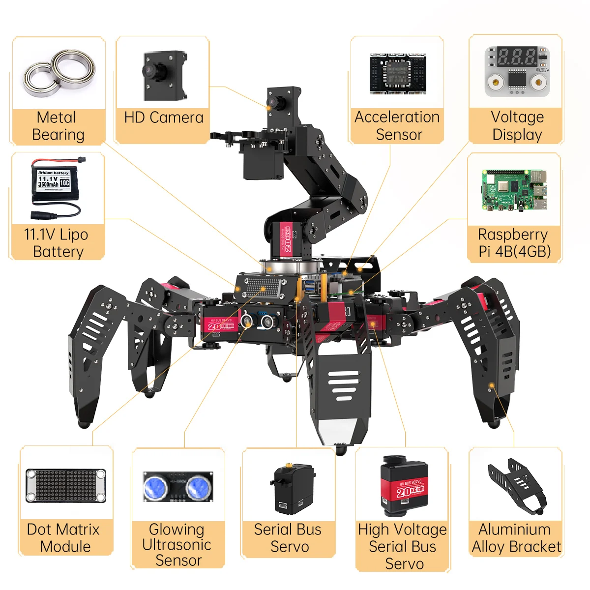 Hiwonder SpiderPi Pro Hexapod Robot with AI Vision Robotic Arm AI 6-Leg Spider Robot Powered by Raspberry Pi