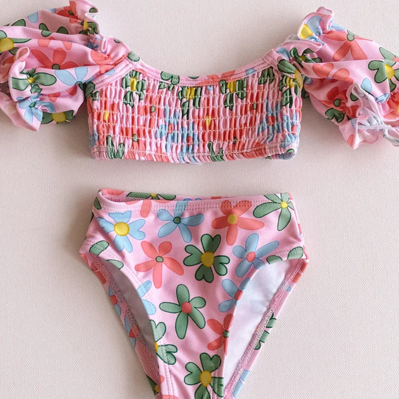 Summer Custom Baby Girl Swimwear Floral Puff Sleeved Print Girls Baby 2 Pieces Swimwear Set details