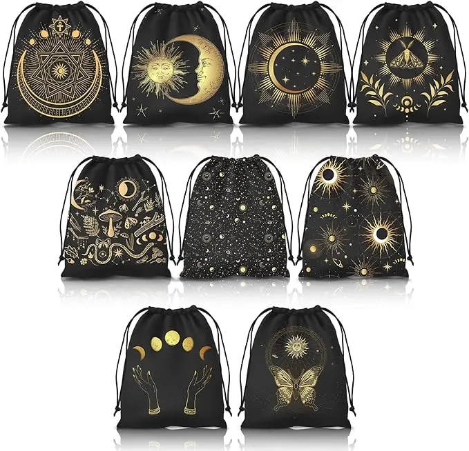 Jojofuny 2-Pack Tarot Card Drawstring Bags - Black Fabric Pouches For Cards, Dice & Jewelry Storage