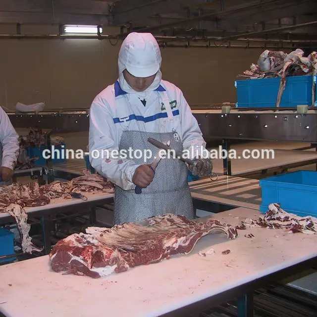 Conveyor belt for deboning and cutting beef in meat processing plant