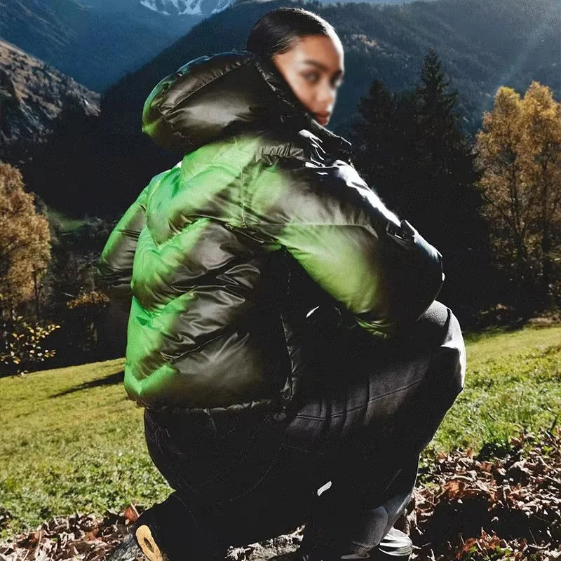 Custom Thermochromic Ink Print Streetwear Crop Vintage Heavyweight Winter Hooded Windproof Color Change Down Puffer Jacket Coat gallery 4
