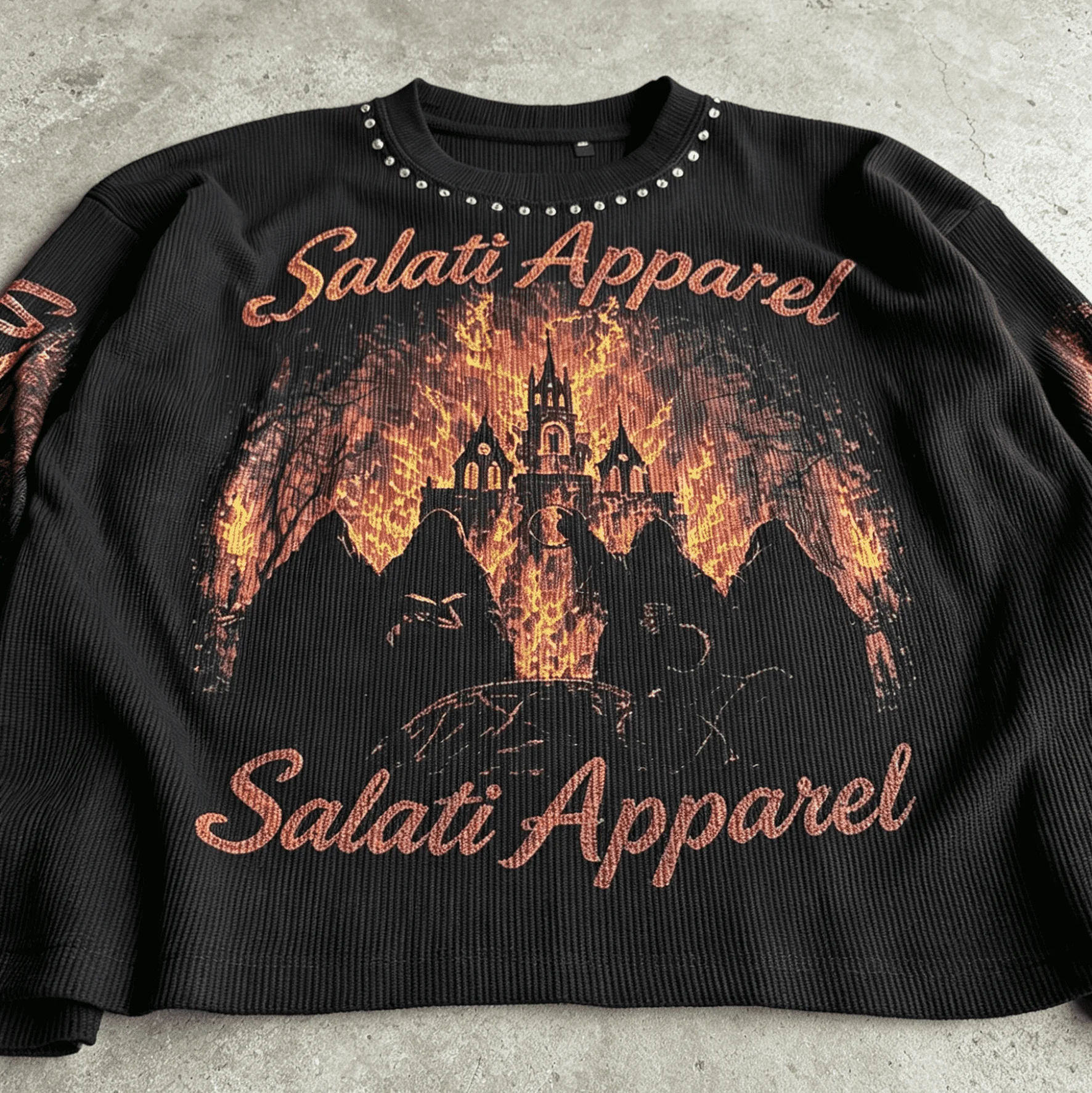 Custom Logo Vintage Washed Long Sleeve T Shirt Heavyweight Cotton Rhinestone Graphic Luxury Streetwear For Men gallery 2