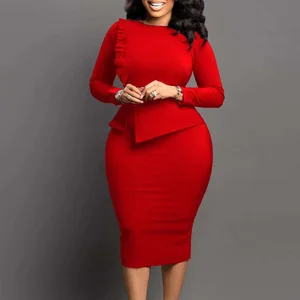 Women Summer Pleated Round Collar Africa Dresses Office Lady Elegant Pencil Dresses Irregular Long Sleeve Slim Midi Casual Dress