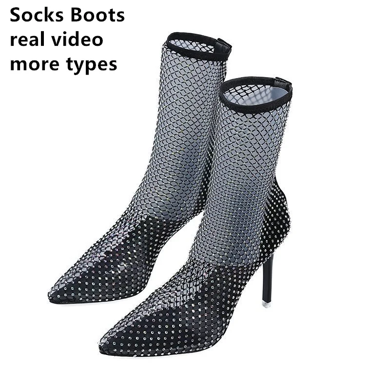 Drop Shipping New Mesh Net Crystal Women High Heels Sexy Party Boots Shoes Full Rhinestone Fishnet Hollow Cuts Socks Boots