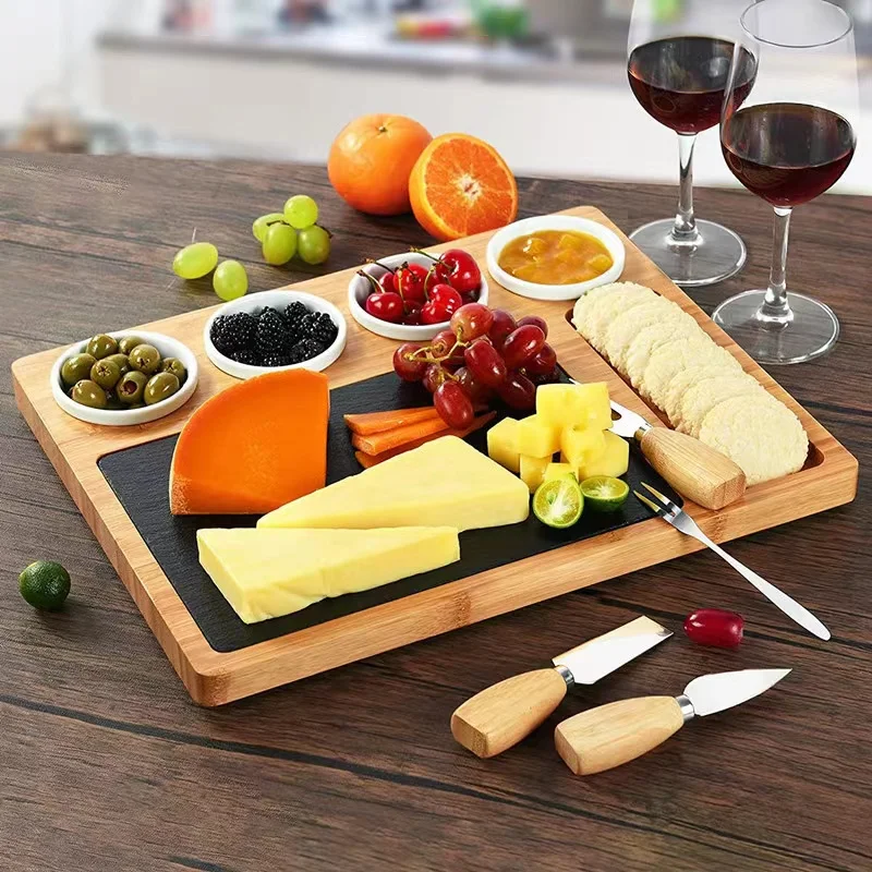 Wooden Bamboo Cheese Board And Knife Set Large Charcuterie Board Set Wine Meat Cheese Platter