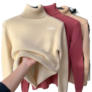 Winter Warm Fleece Lined Women's Streetwear Velvet Slim Knit Zipper Closure Front Logo Breathable Quick Dry Pullover Turtleneck