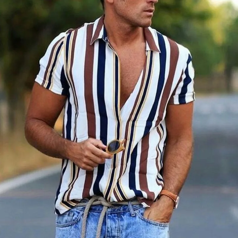 Turn Down Collar Shirts for Men,Striped Printed Button Down Summery Short Sleeve Casual Tops 