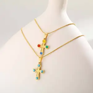 Women Versatile Daily 18k Gold Natural Blue Turquoise Cross Pendant Necklace Stainless Steel Jewelry Necklace