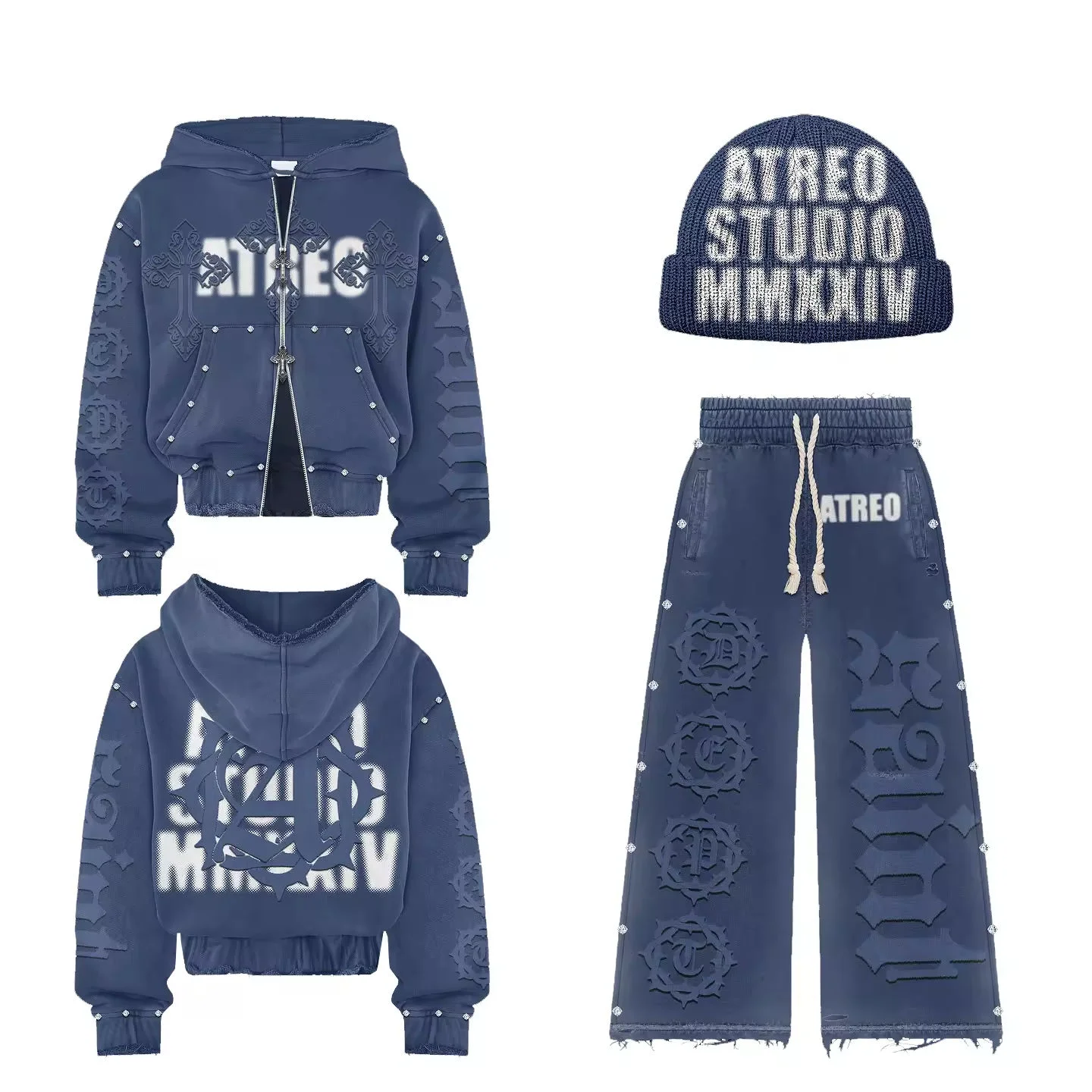Custom Heavyweight Acid Wash Sun Faded Rhinestone Double Zipper Cropped Hoodie Streetwear Tracksuits Sweatpants and Hoodie Set gallery 3