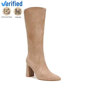 Women's Elegant Beige Suede Over-the-Knee Block Heel Boots Pointed Toe Zip Closure Height Increasing Comfortable for Winter