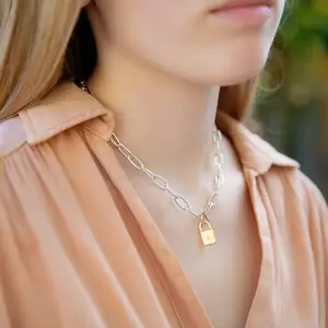 Customized High Quality American Style Paperclip Chain Necklace 925 Sterling Silver Lock Initial Paperclip Necklace for Women