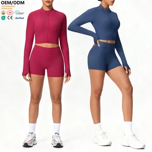 XW-7128+7101 Women's Sports Outfit Set Custom Logo Shorts Long Sleeve Activewear Breathable Sportswear Tracksuit Set for Women