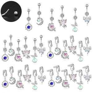 Hot Sale Color butterfly Free Piercing Navel Clip Stainless Steel Faux Navel Ring Sexy Zircon Pendant Piercing Jewelry