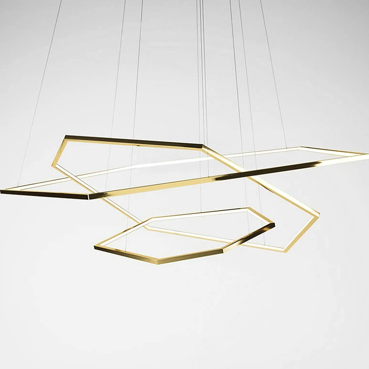 3 Ring Stainless Steel Hexagon Linear Led Pendant Light Living Room Large Nordic Modern Gold Luxury Chandelier