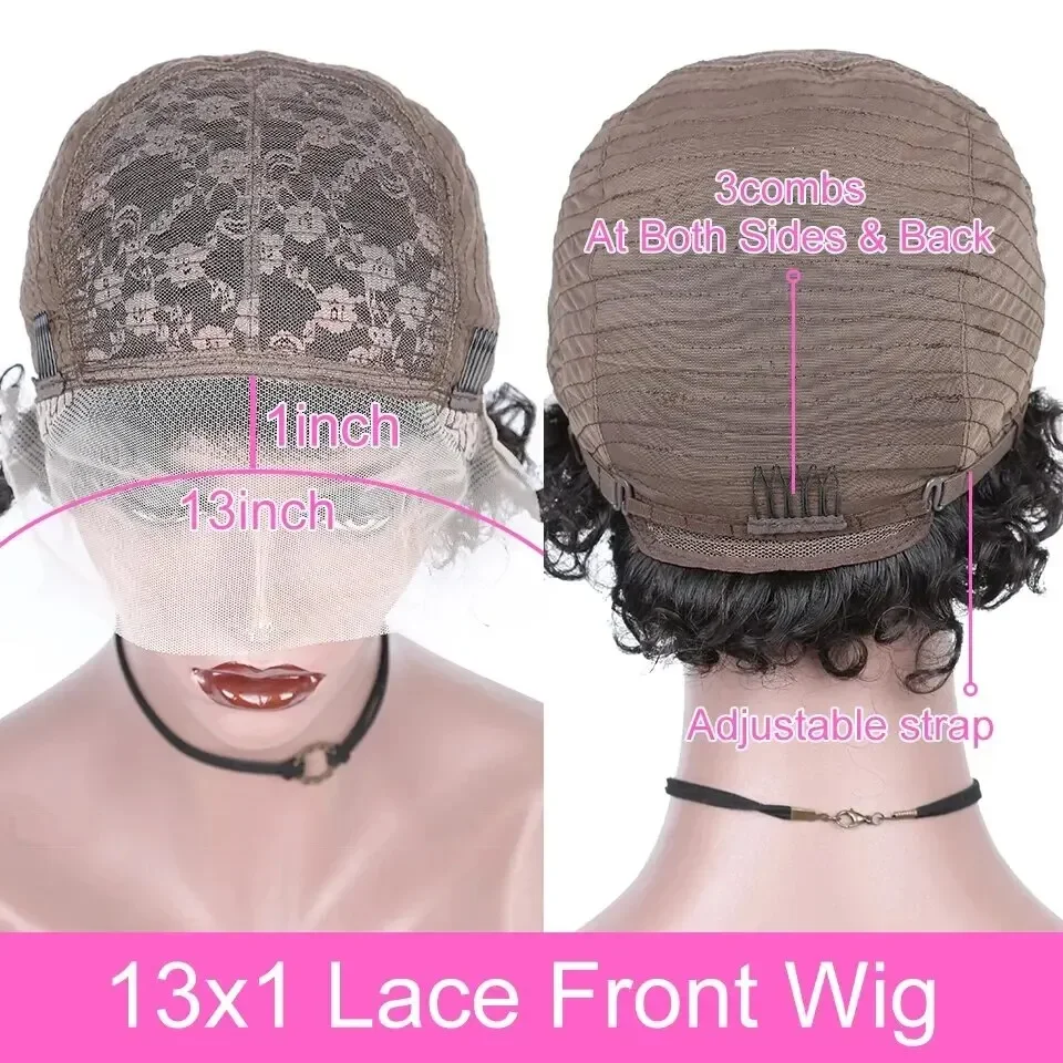Short Pixie Cut Human Hair Wig Water Wave Ombre Brown Transparent Front Lace Cheap Curly Wigs for Women_voghion.com