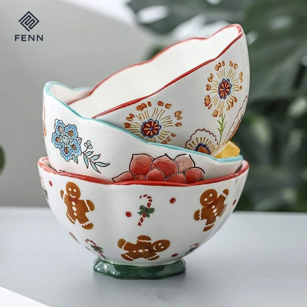 FENN Japanese style creative kawaii embossed flower design ceramic bowl 6 inch dinnerware set for restaurant ceramic salad bowl