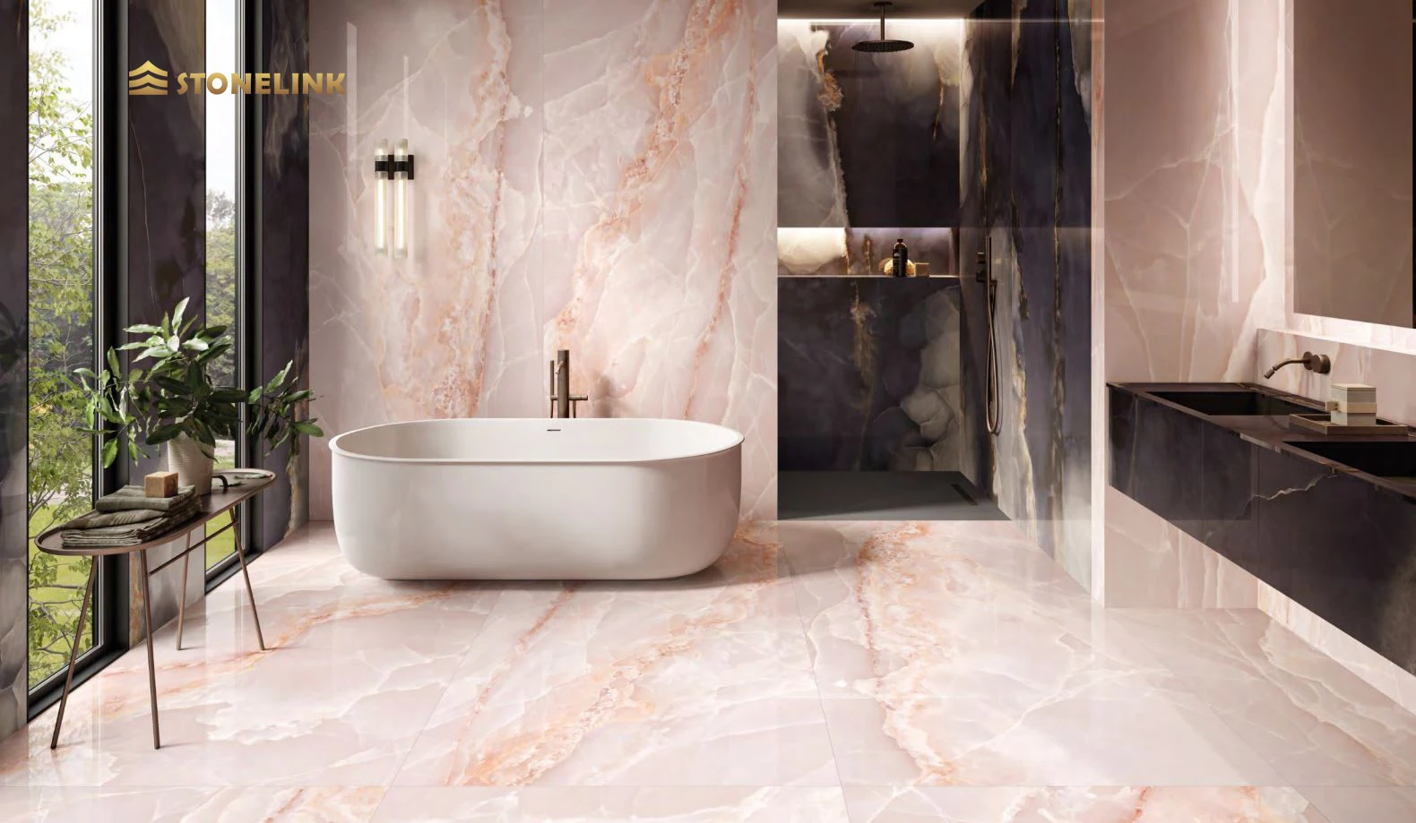 Stonelink Customized Natural Backlit Translucent Polished Rose Pink Onyx Marble Stone Slabs for Tiles Vanity Tops