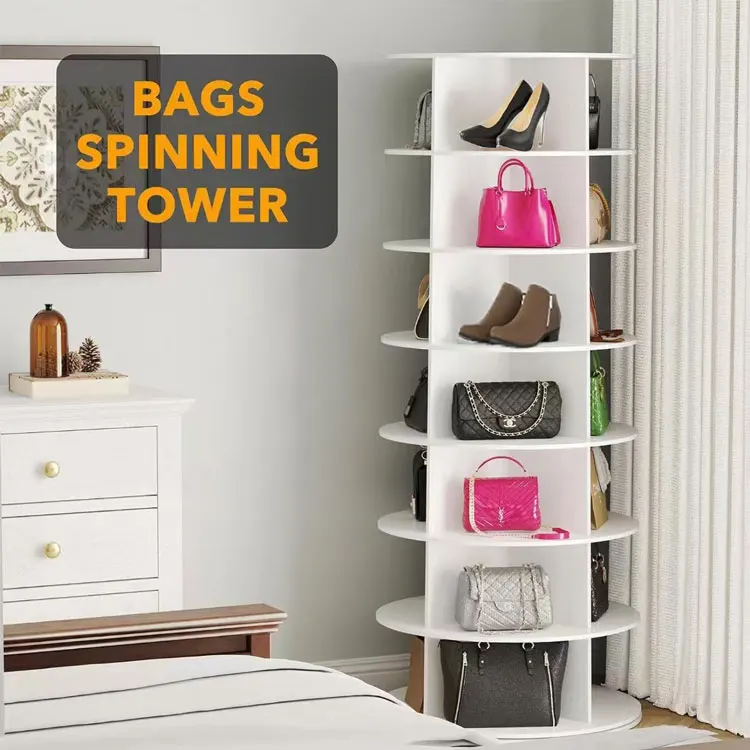 7 Tier Rotating Spinning Tote Bag Display Tower White Round Carousel Revolving 360 Storage Shoe Rack for Room