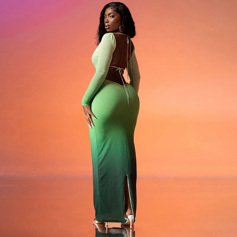 Fashion Maxi Dress Gradient Print Long Sleeve Tight Fitting Dress Backless  Sexy Bodycon Dress for Women