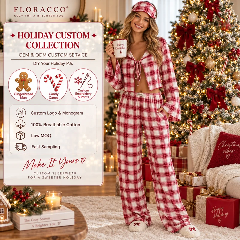 Breathable Plaid Women Pajama Set Long Sleeve Full Length Knitted Polyester Christmas Sleepwear