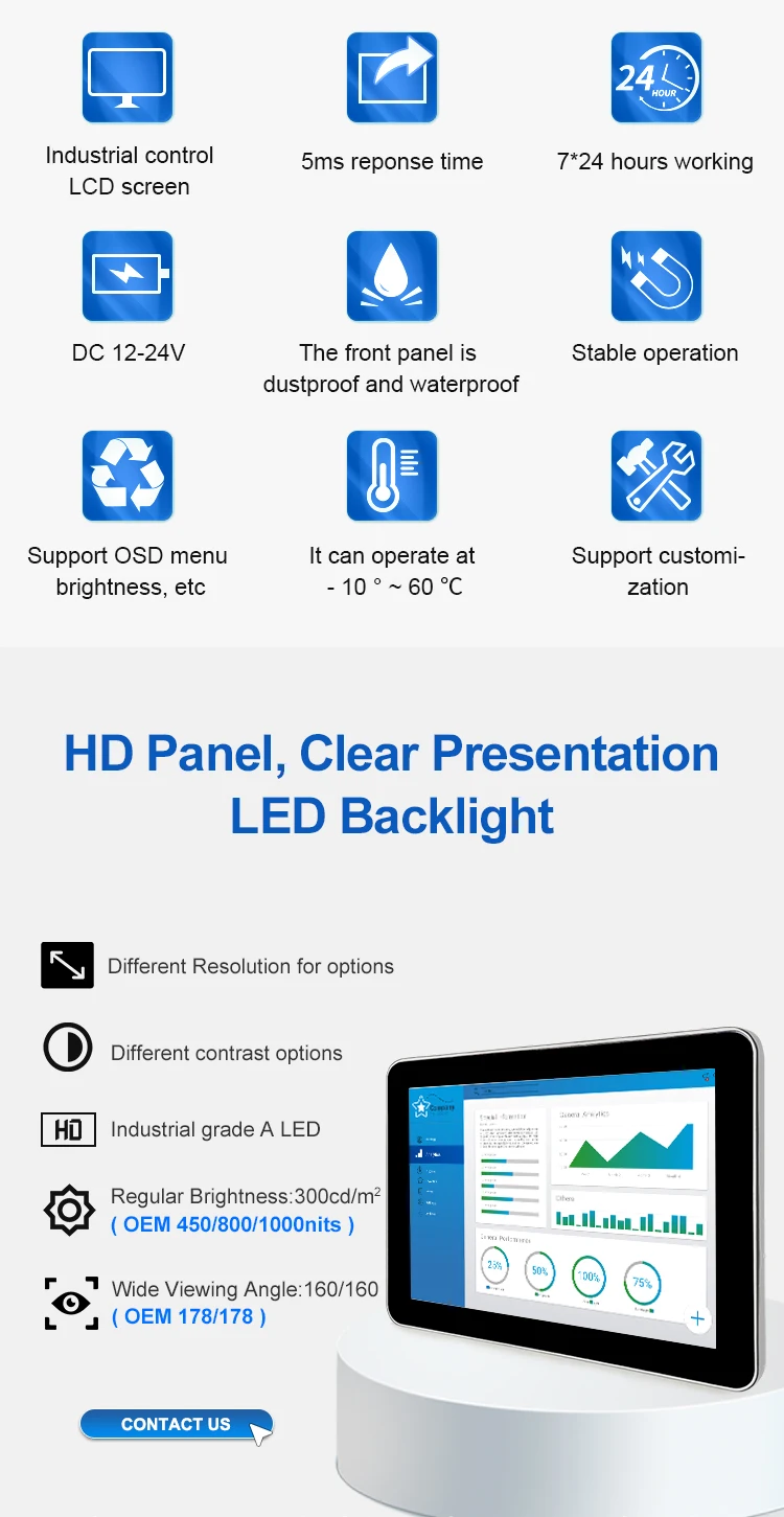 21.5 Inch Industrial Lcd Monitor Touch Screen VESA Embedded Pure Flat Wall Mounted Metal Aluminum Casing Display Touchscreen