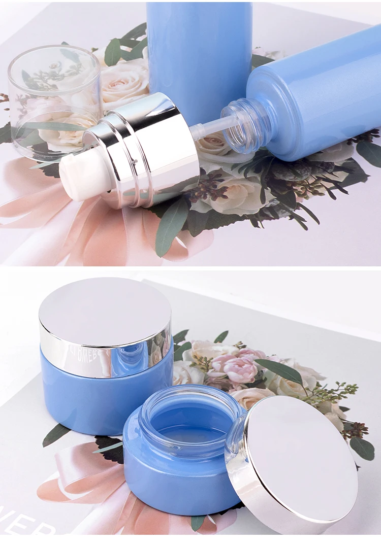 Wholesale Empty Cosmetics Cream Jar Containers Set Skincare Glass Spray Lotion Bottle With Silver Cap details