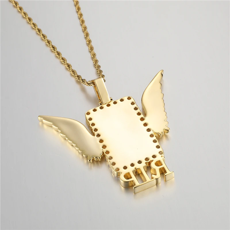 Custom Photo Memory Miss the Past RIP Wings Square Solid DIY Photo Pendant Necklace With Rope Chain Hip Hop Jewelry