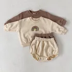 Q107088 1-3years spring autumn new baby children's suit printed rainbow sweater &amp; baby pp short two-piece suit outfits