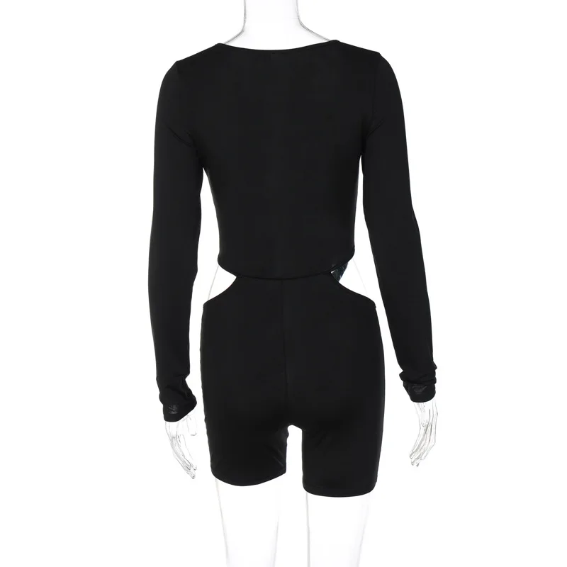 Lygens 427w Long Sleeve V Neck Hollow Out Solid Bodycon Sportssuit One