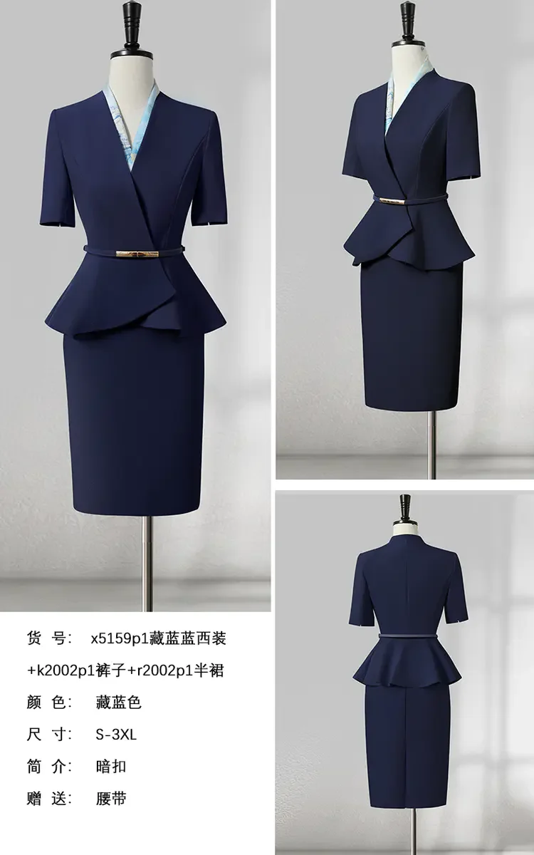 2024 New Summer Temperament Host Formal Beauty Salon Overalls Blue Short Sleeve Professional Suit Blazer Skirt Set For Women factory