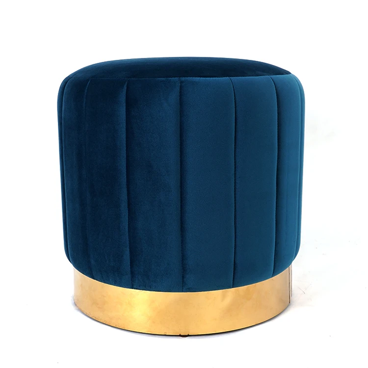 HStex French Custom Luxury Sofa Set Designs Antique Furniture Blue Velvet Round Shape Foot Stool Ottoman Pouf with Wooden Legs
